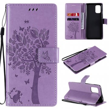 OnePlus 8T Embossed Tree Cat Butterfly Wallet Stand Case Lavender