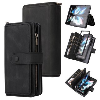 Samsung Galaxy Z Fold3 5G Wallet 15 Card Slots Case with Wrist Strap Black