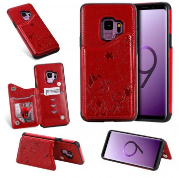 Samsung Galaxy S9 Bee and Cat Magnetic Card Slots Stand Cover Red