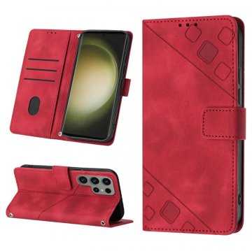 Skin-friendly Samsung Galaxy S23 Ultra Wallet Stand Case with Wrist Strap Red