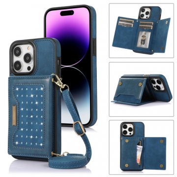 Bling Crossbody Bag Wallet iPhone 14 Pro Case with Lanyard Strap Blue