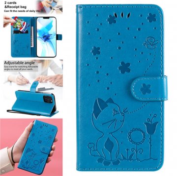 iPhone 12 Pro Embossed Cat Bee Wallet Magnetic Stand Case Blue