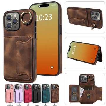For iPhone 15 Pro Max Card Holder Ring Kickstand Case Coffee