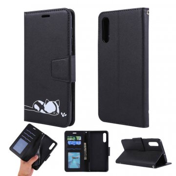 Samsung Galaxy A50 Cat Pattern Wallet Magnetic Stand Case Black