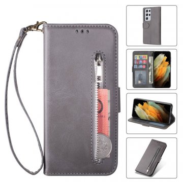 Samsung Galaxy S21/S21 Plus/S21 Ultra Zipper Pocket Wallet Magnetic Case Gray