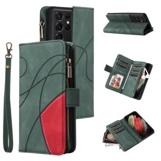 Samsung Galaxy S21 Ultra Zipper Wallet Magnetic Stand Case Green