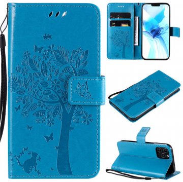 iPhone 12 Pro Embossed Tree Cat Butterfly Wallet Stand Case Blue