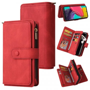 Samsung Galaxy M53 Wallet 15 Card Slots Case with Wrist Strap Red