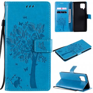 Samsung Galaxy A42 5G Embossed Tree Cat Butterfly Wallet Stand Case Blue