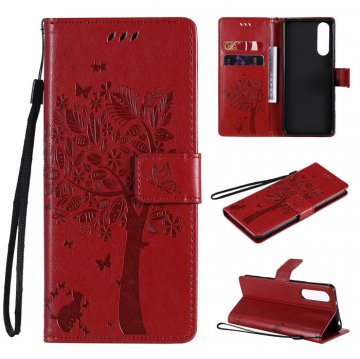 Sony Xperia 5 II Embossed Tree Cat Butterfly Wallet Stand Case Red