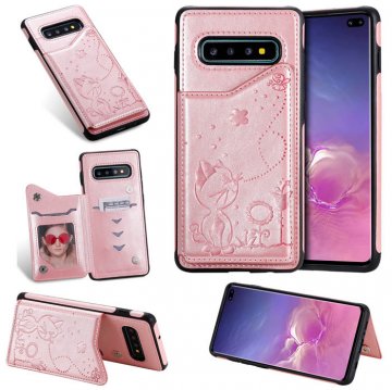 Samsung Galaxy S10 Plus Bee and Cat Magnetic Card Slots Stand Cover Rose Gold