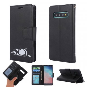 Samsung Galaxy S10 Cat Pattern Wallet Magnetic Stand Case Black