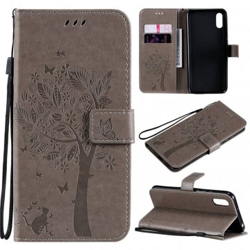 Xiaomi Redmi 9A Embossed Tree Cat Butterfly Wallet Stand Case Gray
