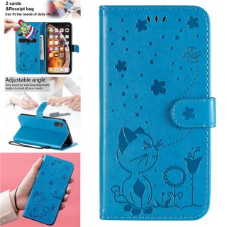 iPhone XS Max Embossed Cat Bee Wallet Magnetic Stand Case Blue