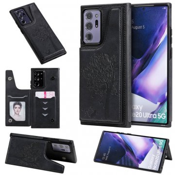 Samsung Galaxy Note 20 Ultra Luxury Tree and Cat Magnetic Card Slots Stand Cover Black