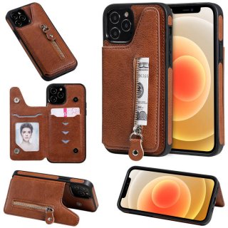 iPhone 12 Pro Zipper Pocket Card Slots Magnetic Clasp Stand Case Brown