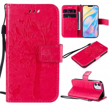 iPhone 12 Mini Embossed Tree Cat Butterfly Wallet Stand Case Rose