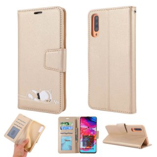 Samsung Galaxy A70 Cat Pattern Wallet Magnetic Stand Case Gold