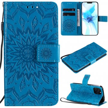 iPhone 12 Pro Embossed Sunflower Wallet Magnetic Stand Case Blue