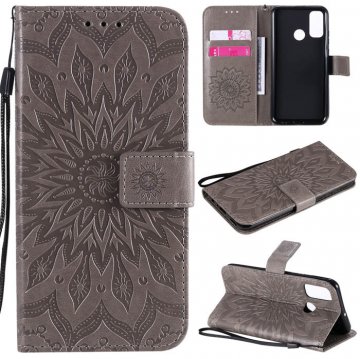 Huawei P Smart 2020 Embossed Sunflower Wallet Stand Case Gray