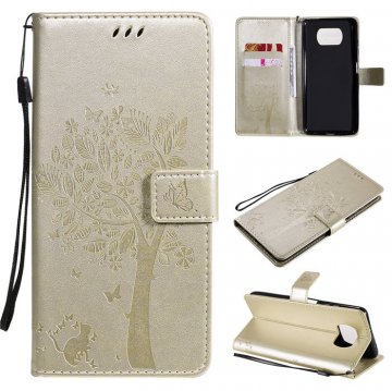 Xiaomi Poco X3 NFC Embossed Tree Cat Butterfly Wallet Stand Case Gold