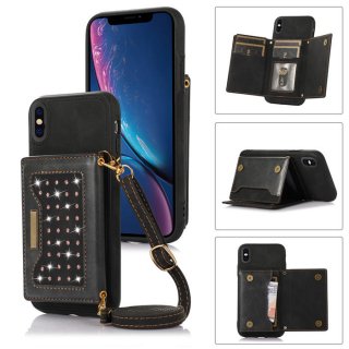 Bling Crossbody Bag Wallet iPhone X/XS Case with Lanyard Strap Black