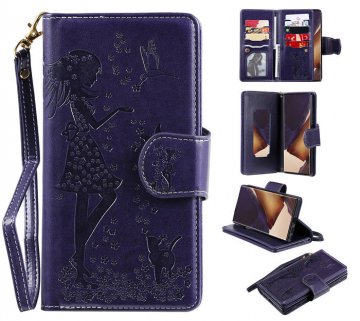 Samsung Galaxy Note 20 Ultra Embossed Girl Cat 9 Card Slots Wallet Stand Case Purple