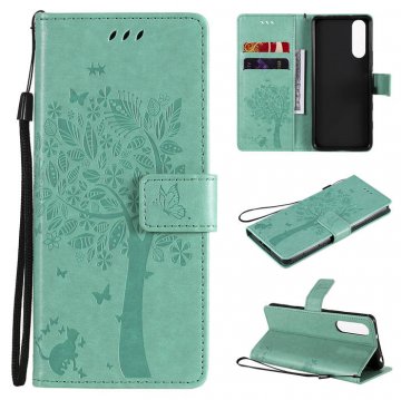 Sony Xperia 5 II Embossed Tree Cat Butterfly Wallet Stand Case Green