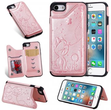 iPhone 7/8 Bee and Cat Embossing Magnetic Card Slots Stand Cover Rose Gold