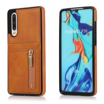 Huawei P30 Zipper Wallet PU Leather Case Cover Brown