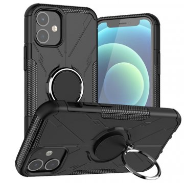 iPhone 12 Mini Hybrid Rugged PC + TPU Ring Kickstand Case Black