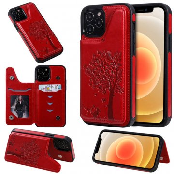 iPhone 12 Pro Embossed Tree Cat Magnetic Clasp Wallet Stand Case Red