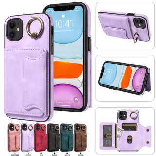 For iPhone 11 Card Holder Ring Kickstand PU Leather Case Purple