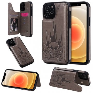 iPhone 12 Pro Embossed Skull Magnetic Clasp Wallet Stand Case Gray