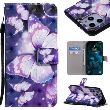 iPhone 12 Pro Max Violet Butterfly Painted Wallet Magnetic Kickstand Case