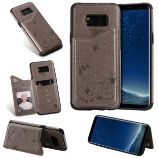 Samsung Galaxy S8 Plus Bee and Cat Card Slots Stand Cover Gray