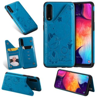 Samsung Galaxy A50 Bee and Cat Magnetic Card Slots Stand Cover Blue