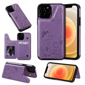 iPhone 12 Pro Luxury Bee and Cat Magnetic Card Slots Stand Cover Purple