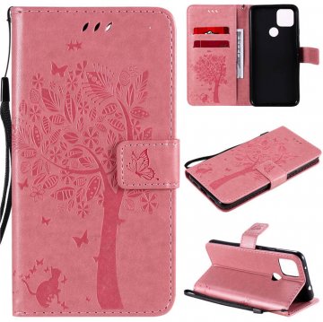 Google Pixel 4A 5G Embossed Tree Cat Butterfly Wallet Stand Case Pink