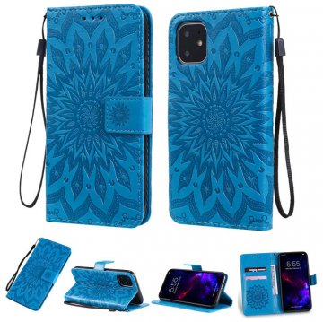 iPhone 11 Embossed Sunflower Wallet Stand Case Blue