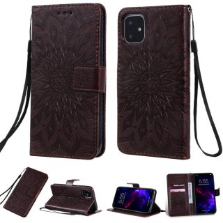 iPhone 11 Embossed Sunflower Wallet Stand Case Brown