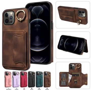 For iPhone 12 Pro Max Card Holder Ring Kickstand Case Coffee