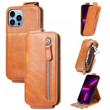 Zipper Pocket Vertical Flip Wallet Stand Case Brown For iPhone