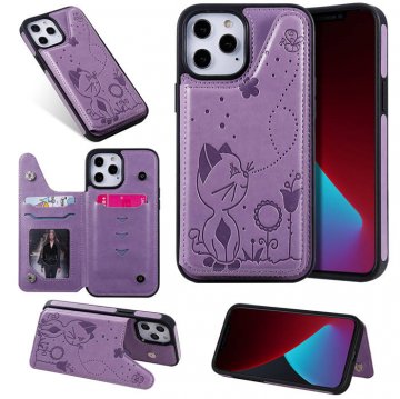 iPhone 12 Pro Max Luxury Bee and Cat Magnetic Card Slots Stand Cover Purple