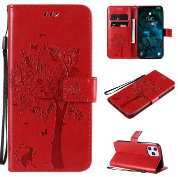 iPhone 12 Pro Max Embossed Tree Cat Butterfly Wallet Stand Case Red