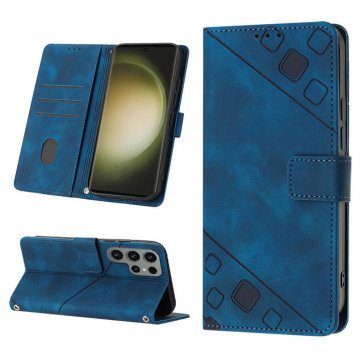 Skin-friendly Samsung Galaxy S23 Ultra Wallet Stand Case with Wrist Strap Blue