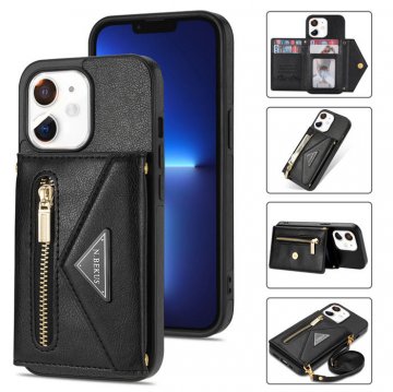 Crossbody Zipper Wallet iPhone 12/12 Pro Case With Strap Black
