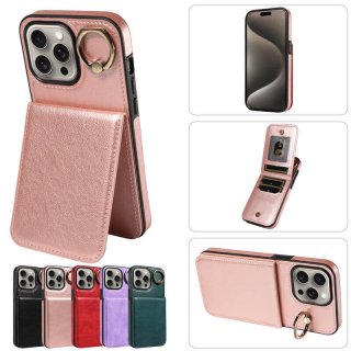 Card Slots Kickstand Litchi Texture Leather Phone Case Rose Gold