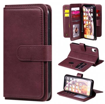 iPhone XR Multi-function 10 Card Slots Wallet Leather Case Claret