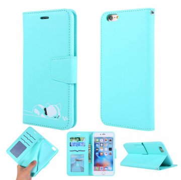 iPhone 6 Plus/6s Plus Cat Pattern Wallet Magnetic Stand Case Mint